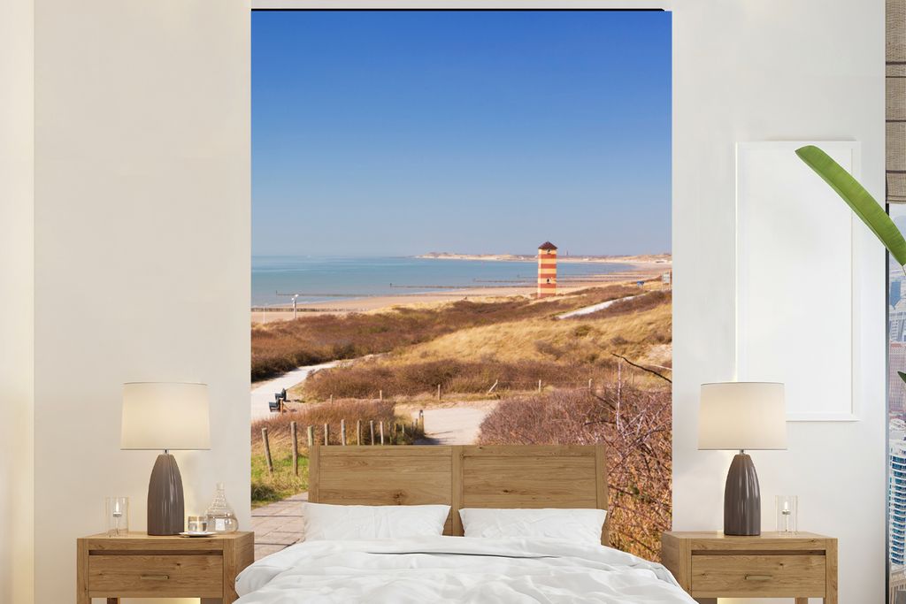 MuchoWow Fototapete für Wohnzimmer oder Schlafzimmer Wandtapete Vinyl Motivtapete Strand - Meer - Leuchtturm - Niederlande - 180x280 cm - Wallpaper