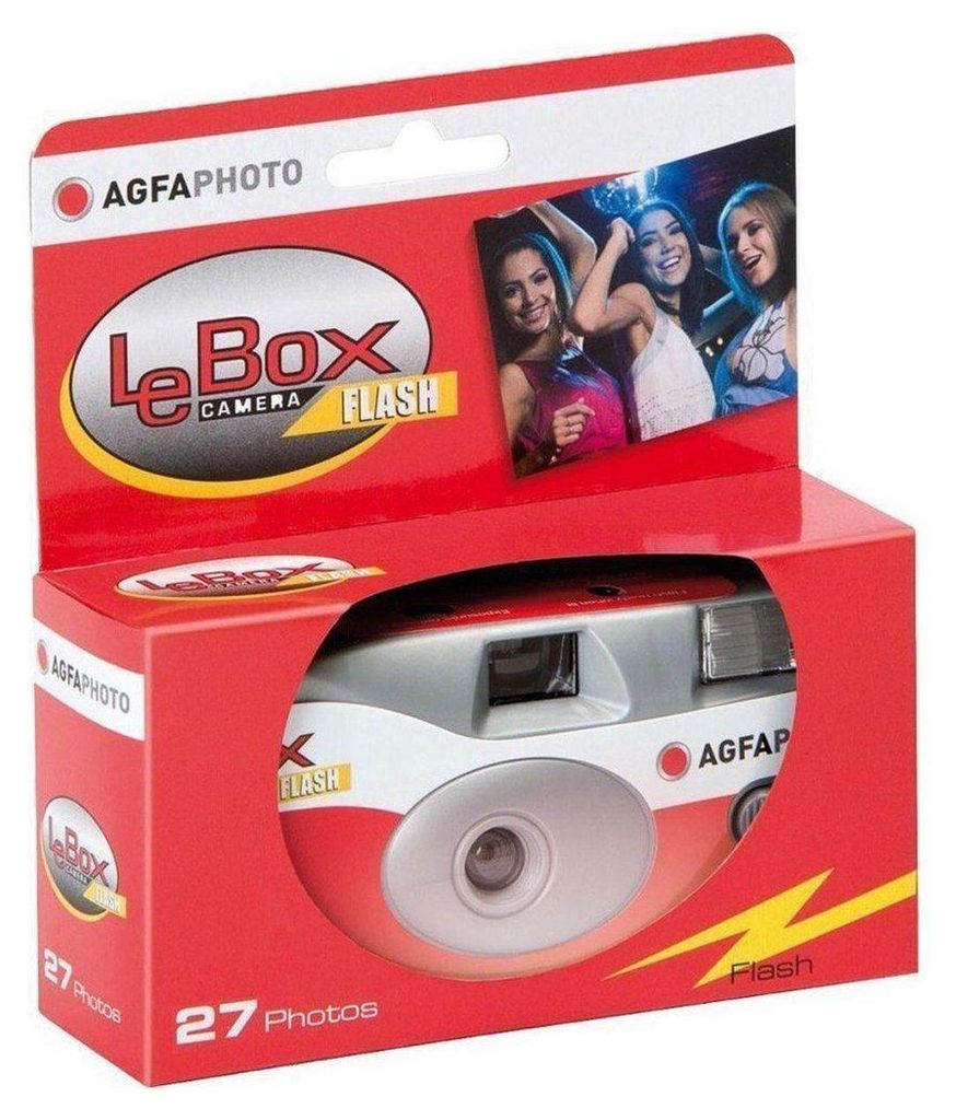 A product box for a disposable camera, showing the camera inside and marketing images.