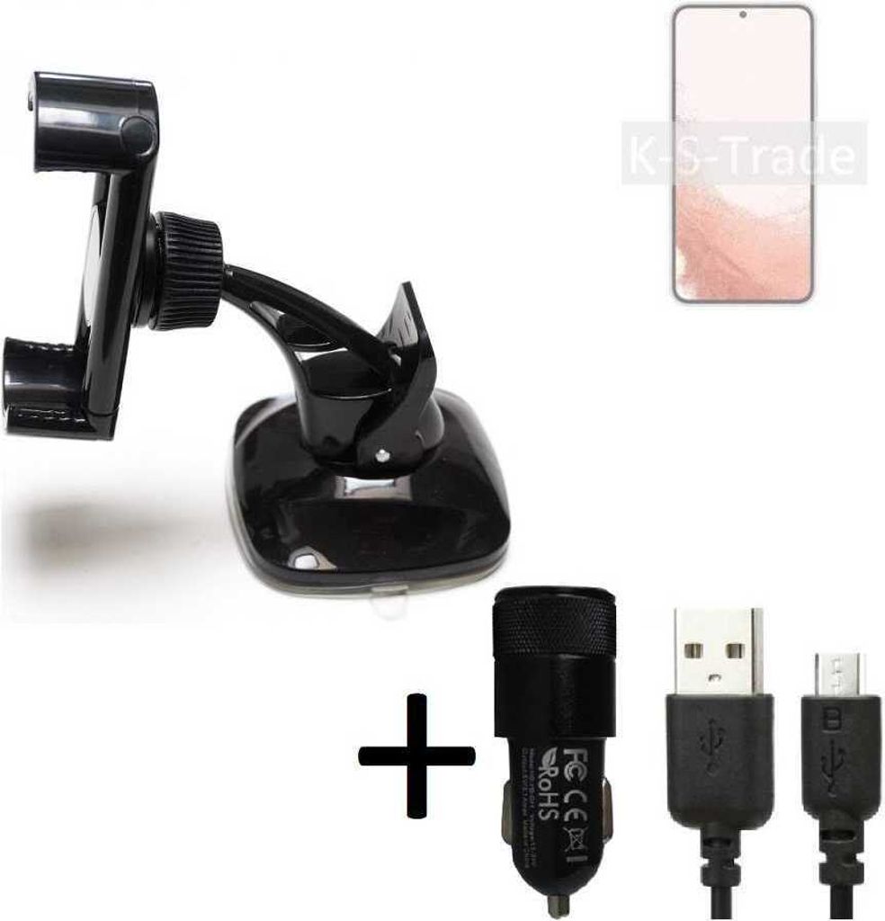 K-S-Trade Halterung kompatibel mit Samsung Galaxy S22 Exynos Windschutzscheibe / Armaturenbrett + LADEGERÄT mit Mico USB Kabel Autohalterung KFZ