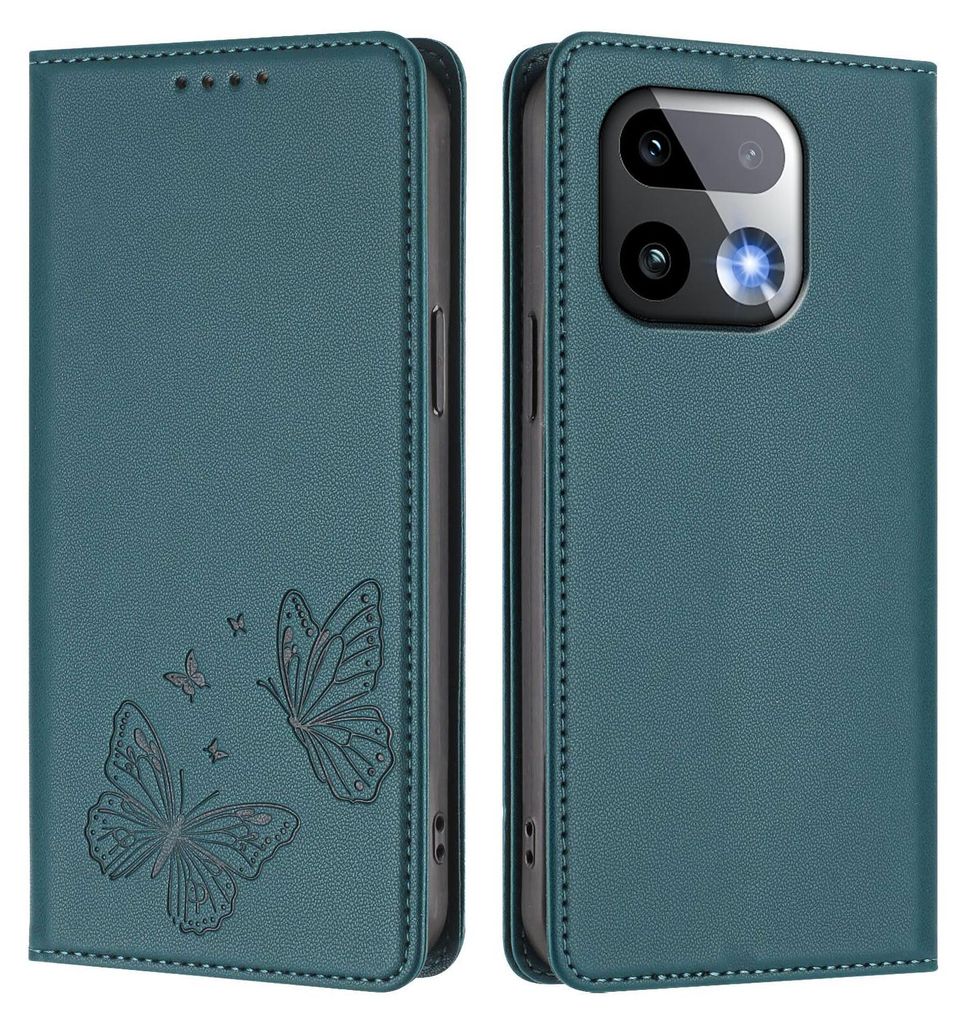 Lederhülle für Realme 16 Pro+, Schmetterling Prägung Leder Brieftasche Schutzhülle mit Ständer Grün