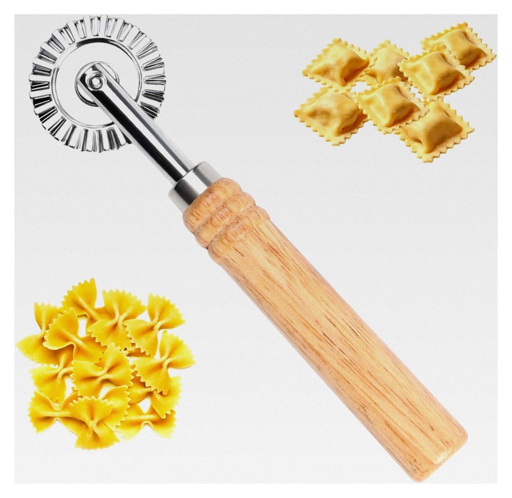 Gewelltes Teigrädchen aus Edelstahl mit Holzgriff, 16 cm Länge, 4 cm Klingendurchmesser