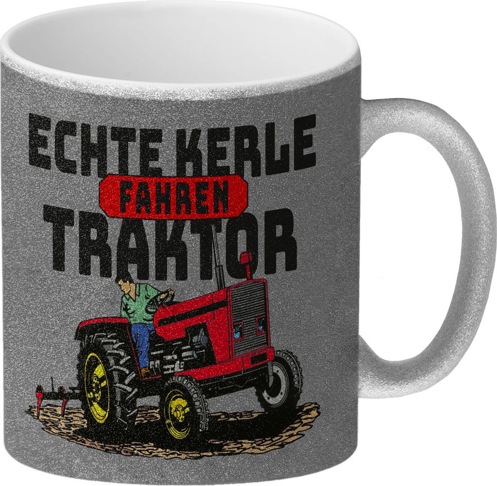 Echte Kerle fahren Traktor Glitzer-Kaffeebecher in grau