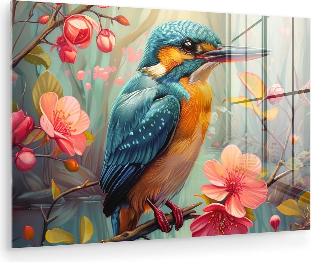 MuchoWow Glasbilder - Bilder auf Wandbild - Foto auf Glas Eisvogel - Blüte - Natur - Vögel - Blumen 90x60 cm Wanddekoration aus Glas - Acrylglasb...