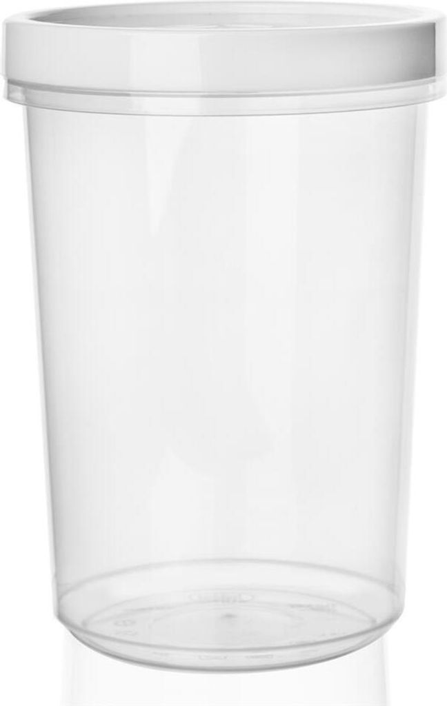A clear, studio shot of a transparent plastic food container with a white lid.
