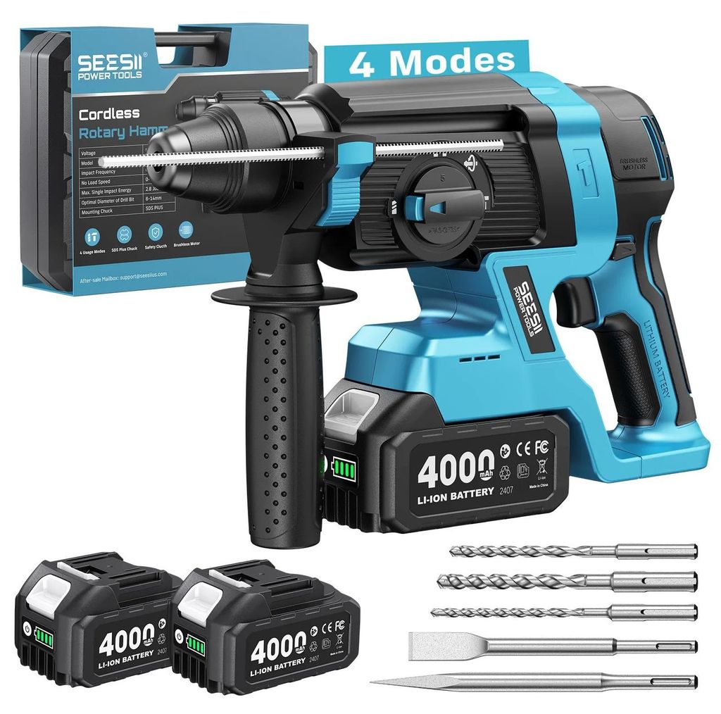 Akku Bohrhammer SDS Plus - Brushless Schlagbohrmaschine - 2,8 J Schlagenergie - 4 Betriebsarten - inkl. 2x 4,0 Ah Akku