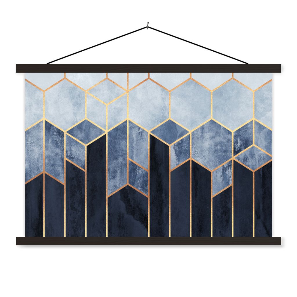 MuchoWow Textilposter Sechseck - Gold - Schablonen 60x40 cm mit schwarzem Rahmen - Hölzernes