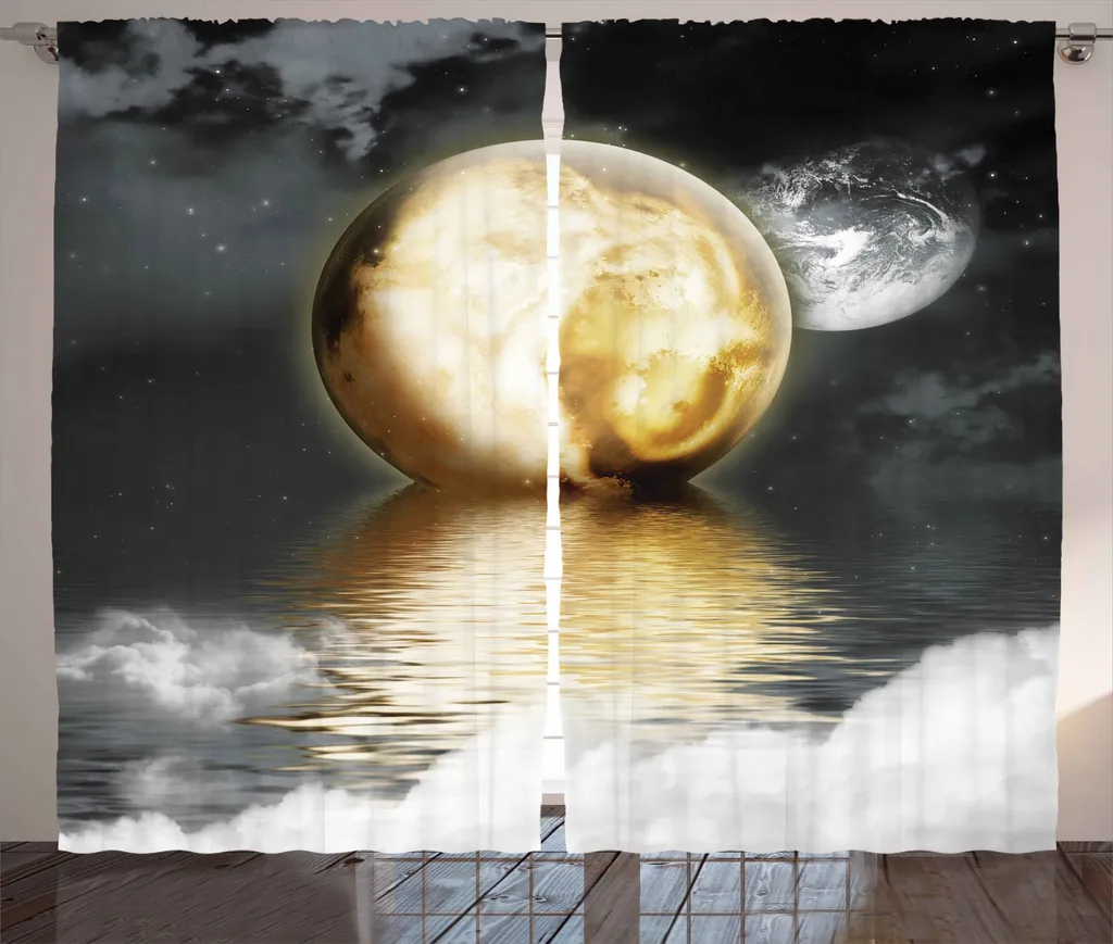Paire de rideaux occultants gris et jaune motif Lune pour salon moderne