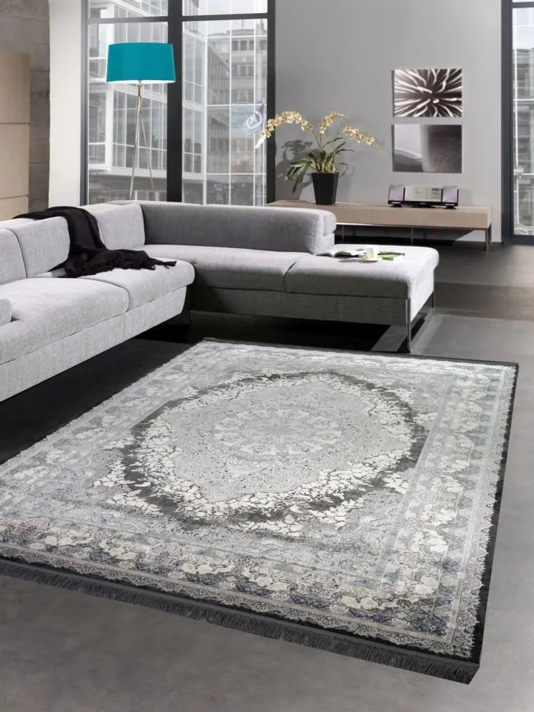 Tapis Luxe en laine gris bleu design chic pour salon - Taille 160x230 cm