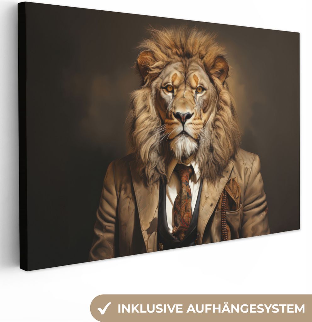 MuchoWow - Leinwandbilder - Vintage - Löwe - Anzug - Tiere - Dunkel, Wandbild, Wanddeko Bilder Wohnzimmer, 120x80 cm