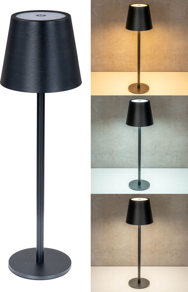 A black LED table lamp is shown in a studio setting with different lighting conditions.
