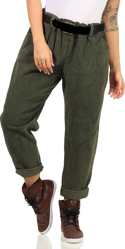 345 Damen Samthose Baumwolle Hose Freizeithose Stoffhose elegante Haremshose Gürtel Tunnelzug Grün