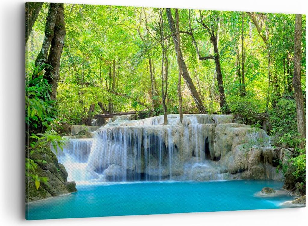 Bild auf Leinwand - Leinwandbild - Wasserfall Wald Umwelt - 120x80cm - Wand Bild - Wanddeko - Leinwanddruck - Bilder - Kunstdruck - Wanddekoration ...