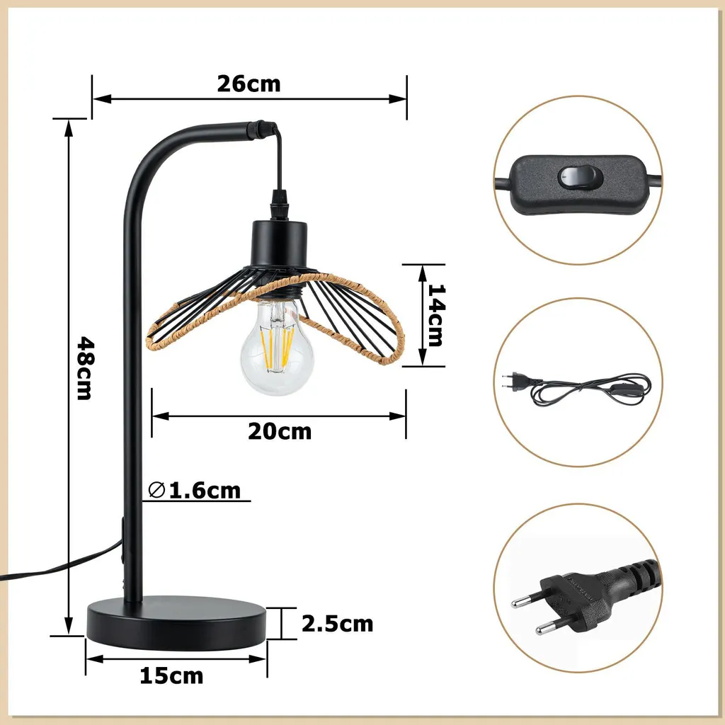 Lampe de Bureau E27 Style Industriel avec Câble et Interrupteur