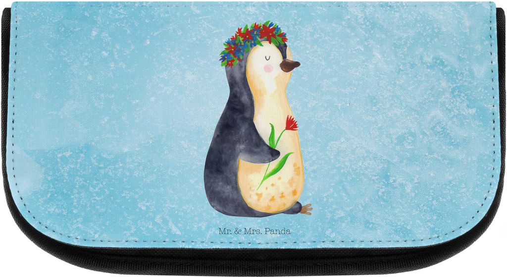 Mr. & Mrs. Panda Kulturbeutel Pinguin Blumen - Eisblau - Geschenk, Motivation, Schminktäschchen Klein, Blumenliebe, Pinguine, Wunderschön, Kultur...