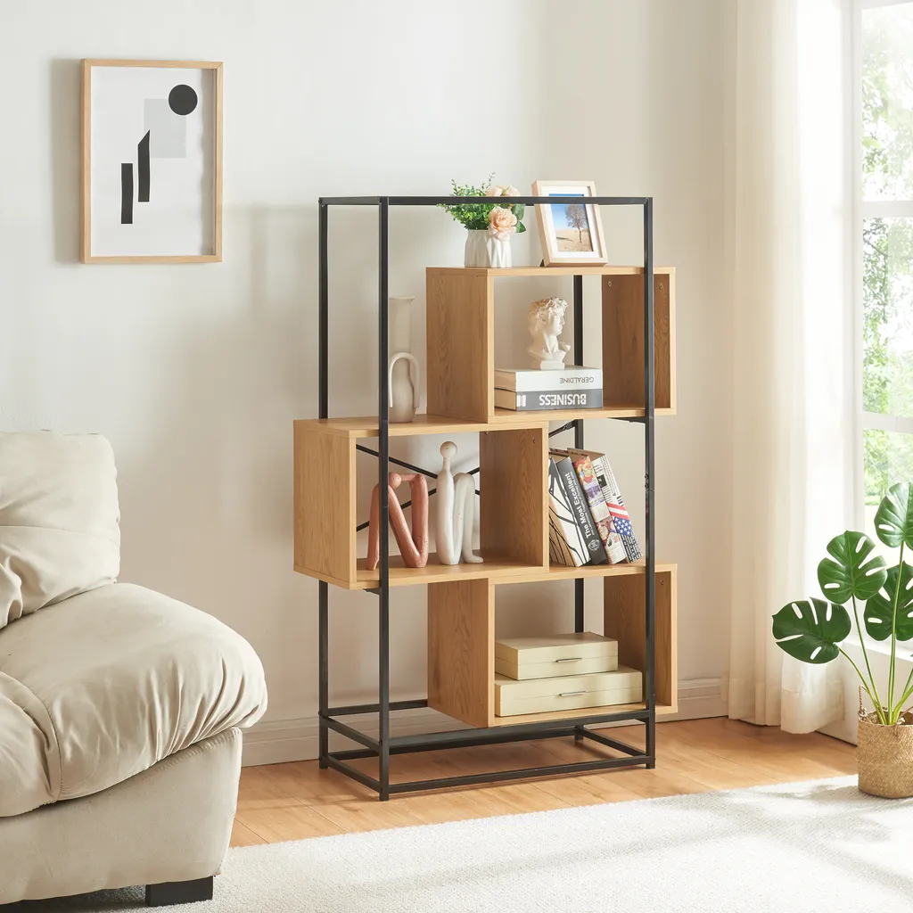 Bibliothèque Rennebu 126x80x33 cm noire et chêne à 3 compartiments