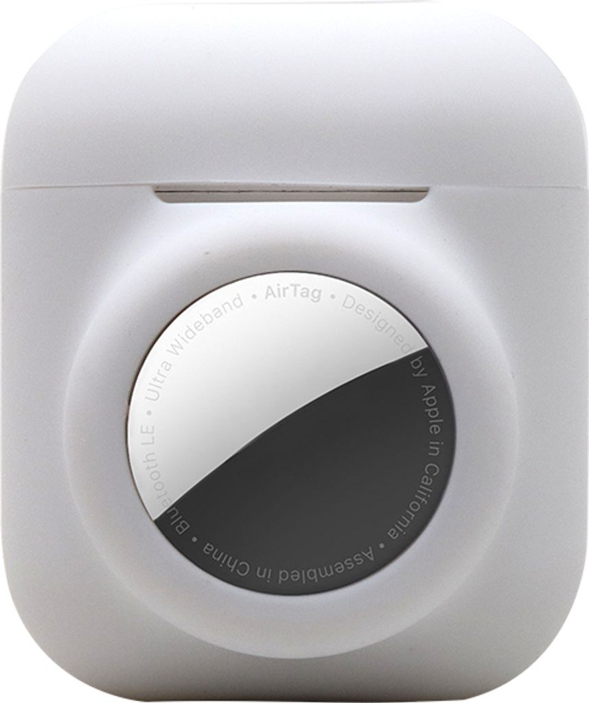 A white silicone case for AirPods and an AirTag, with the AirTag visible on the front.