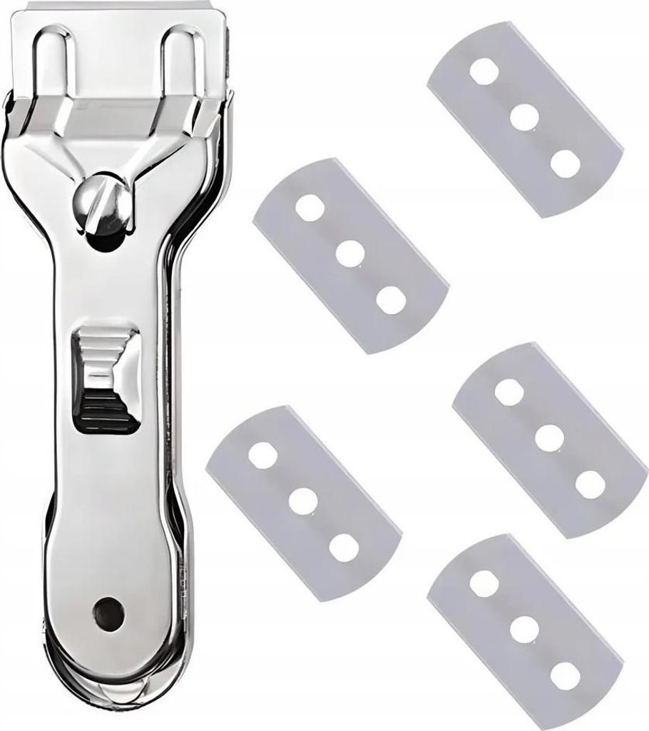 A glass scraper tool and several replacement blades are displayed on a white background.