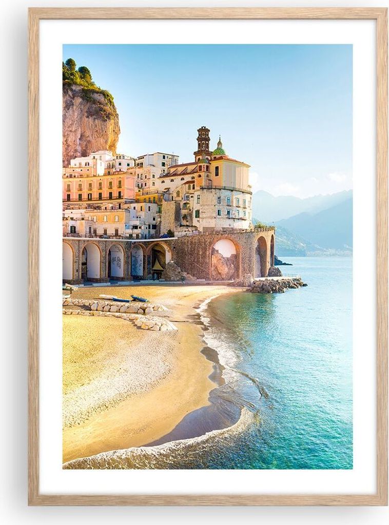 Gerahmtes Poster - Rahmen in heller Eiche - Küste Amalfi Italien - 50x70 cm - Wand Bild - Wanddeko - Wandbilder - Kunstposter - Wandposter - Bilde...