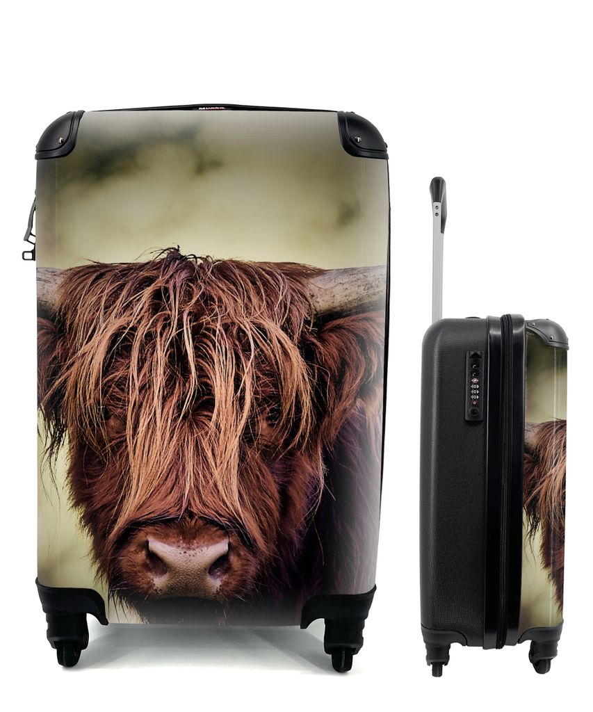 MuchoWow Koffer Handgepäck Trolley Rollkoffer Kleine Reisekoffer mit 4 Rollen - Schottischer Hochländer - Licht - Porträt - Natur - Cabin Size...