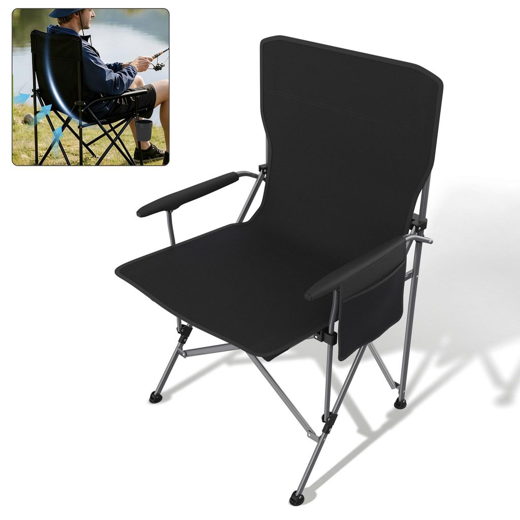 XMTECH Klappbarer Angelstuhl Outdoor mit Tragetasche, Campingstuhl mit Becherhalter & Seitentasche, Leichter Faltstuhl für Angeln, Camping, Schwarz