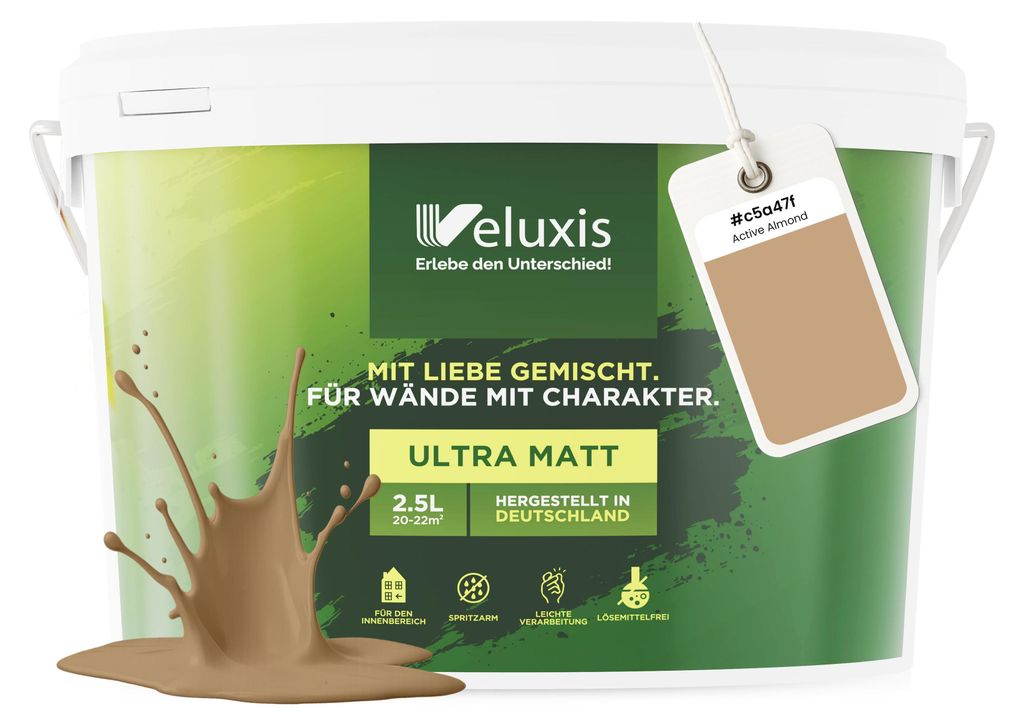 Wandfarbe Beige Gold Braun Matt Innenfarbe – Deckkraft Klasse 1, VOC-frei, Ohne Grundierung, Tropfarm – Wohnzimmer & Schlafzimmer – 2,5L – ...