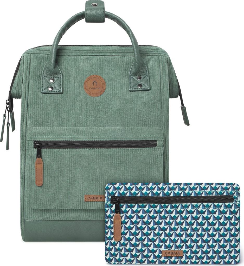 A green corduroy backpack and a matching pouch are displayed against a white background.