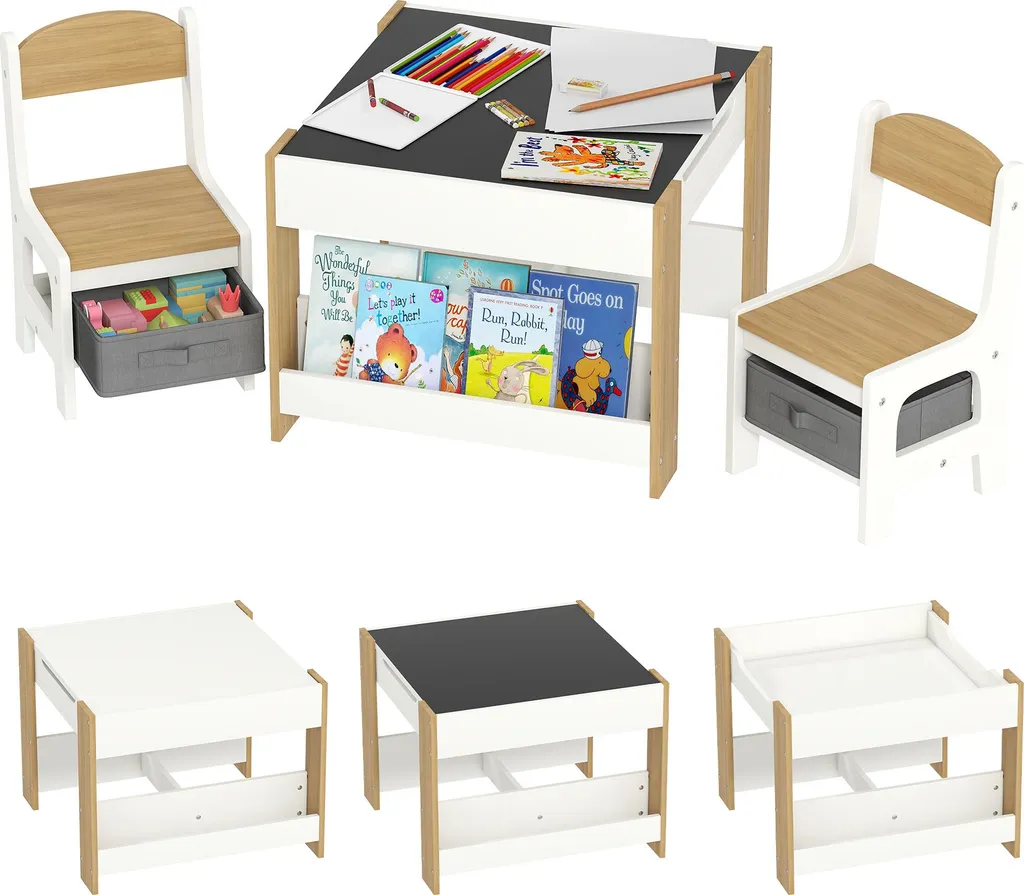 Ensemble Table Enfant Plateau Tableau Noir et Rangement en Bois Naturel