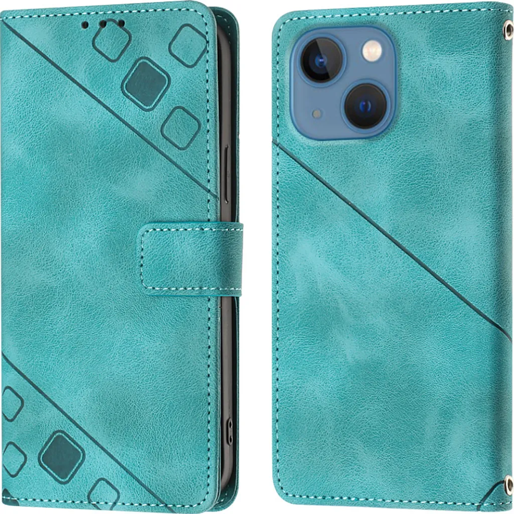 Custodia iPhone 15 Plus Verde in Pelle a Portafoglio con Rilievo