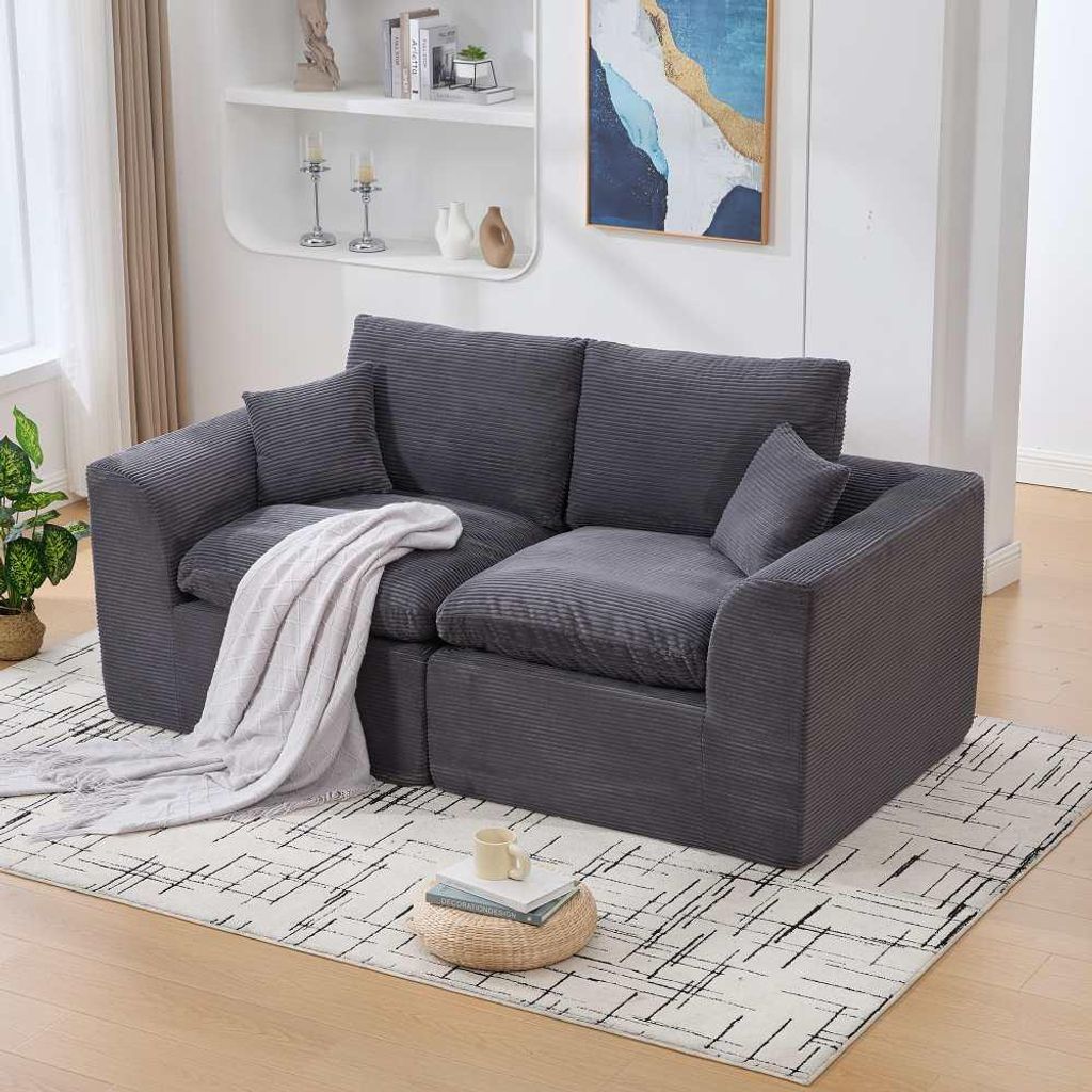 AIORBER Modernes Cord Zweisitzer Sofa Minimalistisches Stoffsofa mit Kissen Bequemes Wohnzimmer Sofa Nordisches Design Loungesofa 2 Sitzer Dunkelgrau