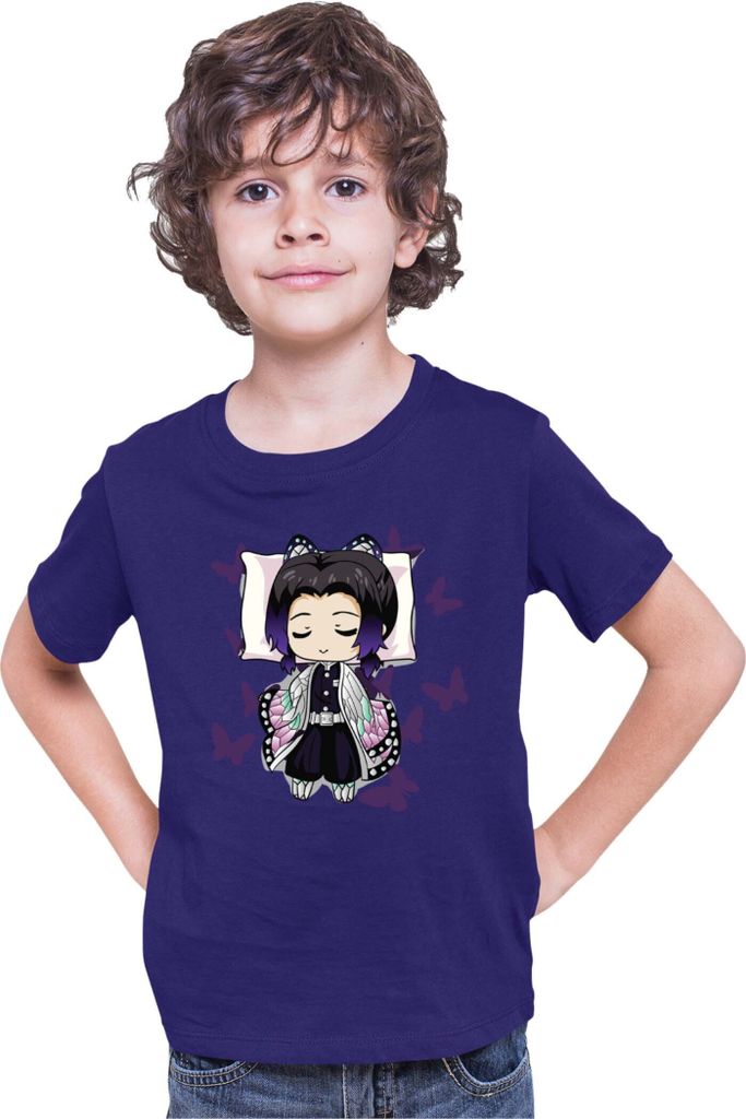 Kinder T-Shirt Demon Anime Slayer Kimetsu No Yaiba Shinobu Kocho Sleeping, 9-11 Jahr - 140 / Dunkelblau