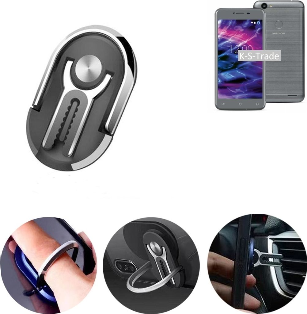 K-S-Trade 3in1 Smartphone-Ring Handy-Ring kompatibel mit Medion Life E5008 Fingerhalterung Handyring Tischständer Lüftungsgitter-Halterung Tisch