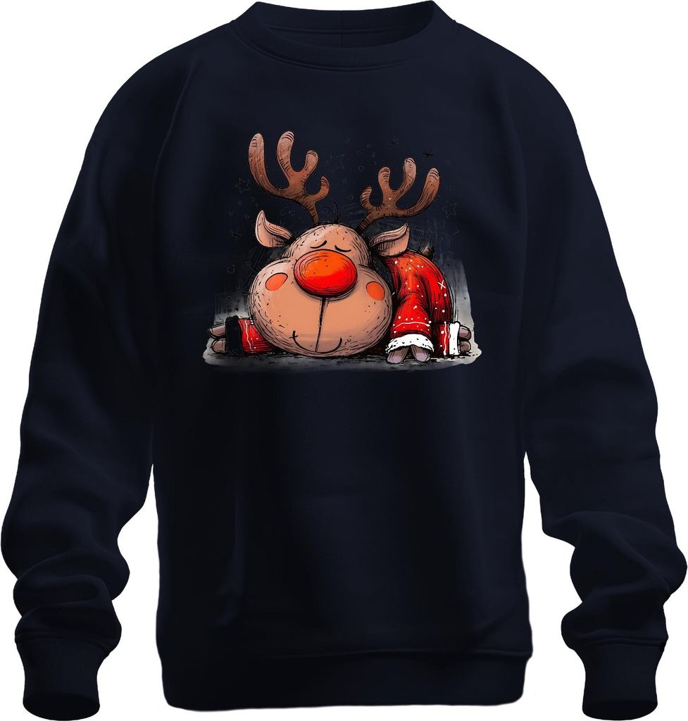 Rudolph Rentier schlafend rote Nase Weihnachten Geschenk Retro Uni Sweatshirt Pullover, Navy, S