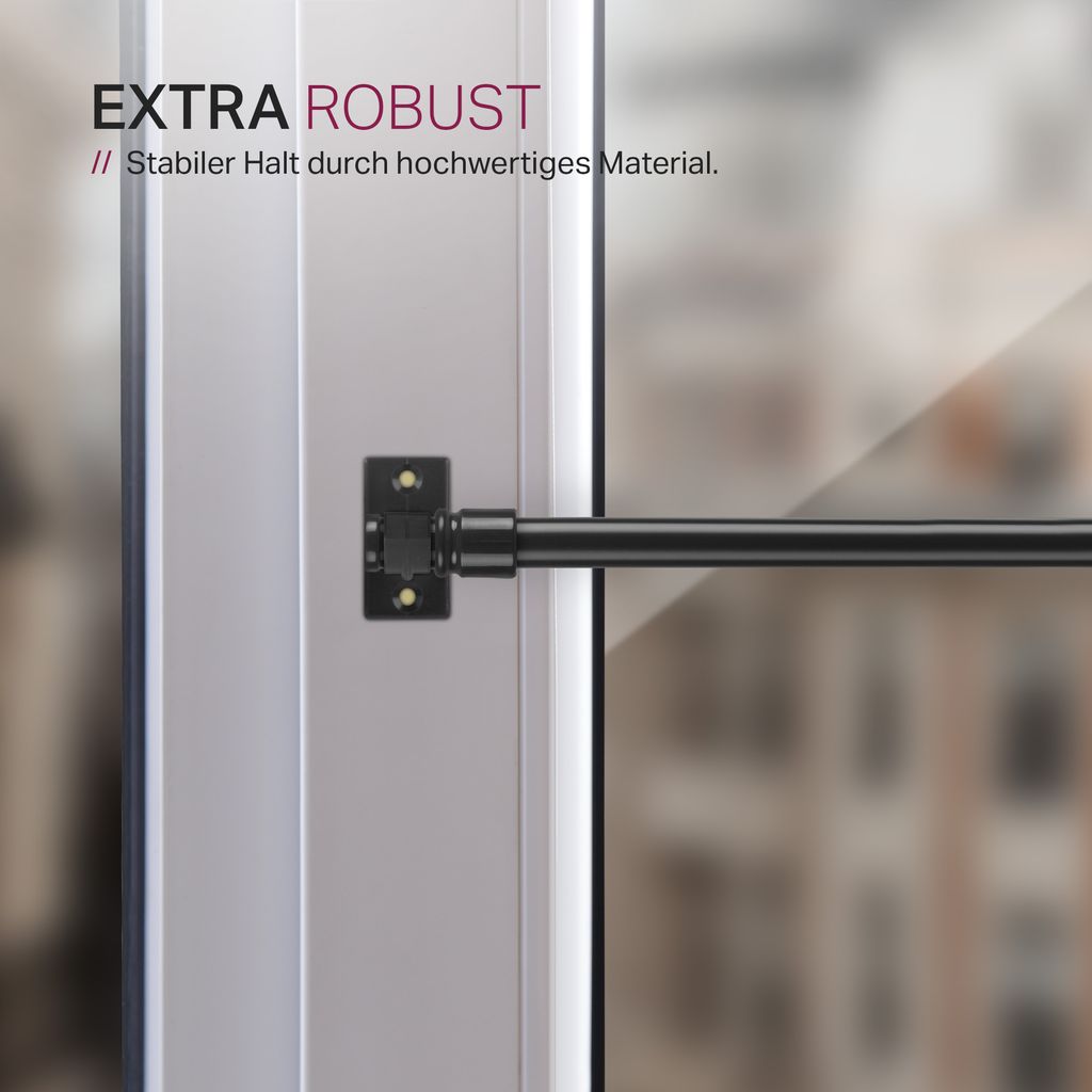Caféhausstange 50-75cm Schwarz – ausziehbare Scheibenstange aus Edelstahl, Gardinenstange ohne Bohren, Kleben oder Schrauben, für Bistrogardinen