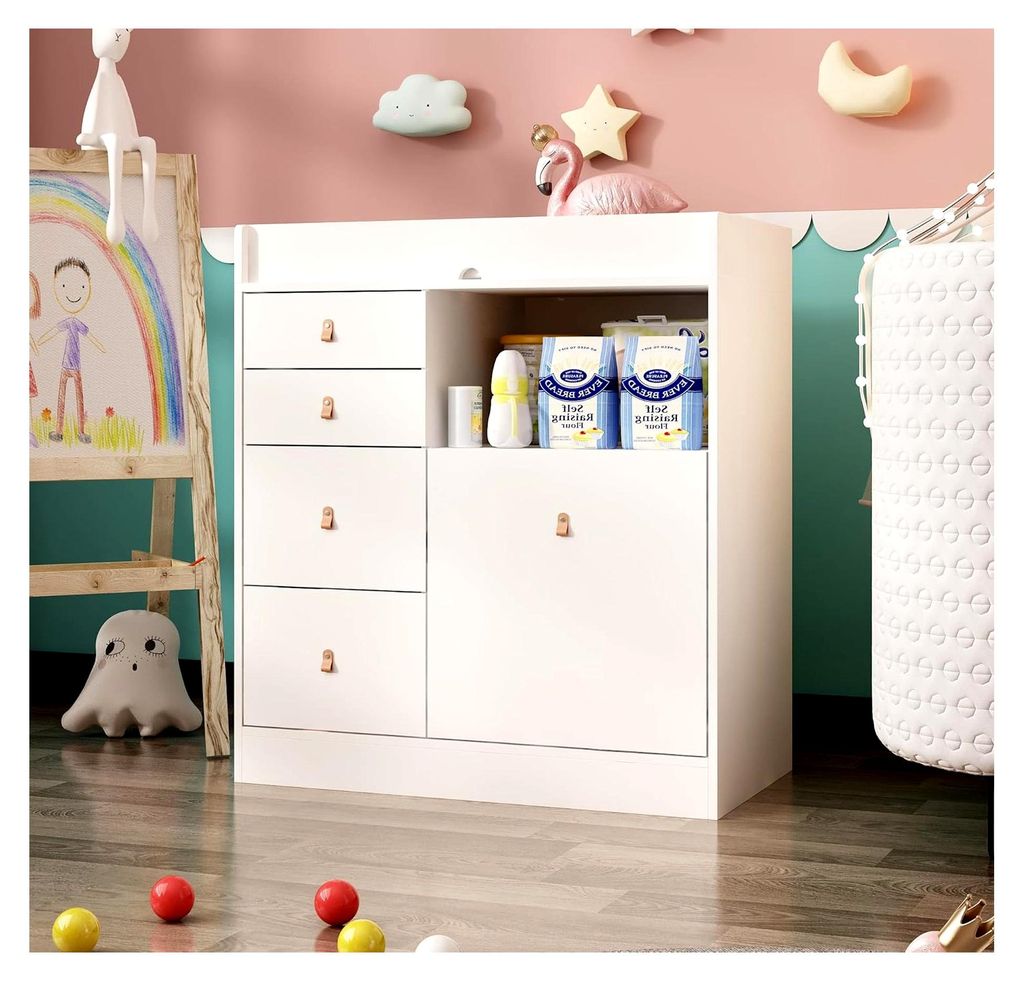 Wickeltisch mit 4 Schubladen und 1 Schrank, Wickelkommode, Wickeltisch mit offenem Regal, MDF, Weiß 85 x 94 x 38 cm