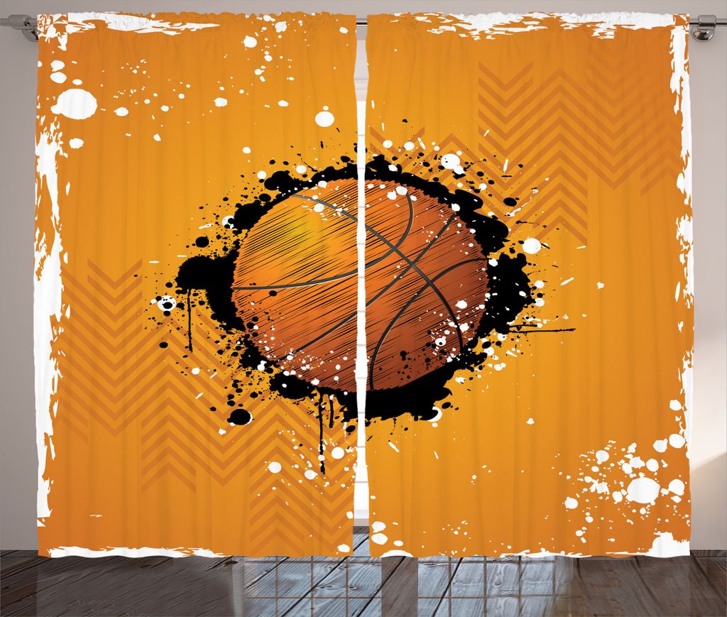 ABAKUHAUS Orange Rustikaler Gardine, Basketball Splash Stil, Schlafzimmer Kräuselband Vorhang mit Schlaufen und Haken, 280 x 175 cm, Orange Schwarz