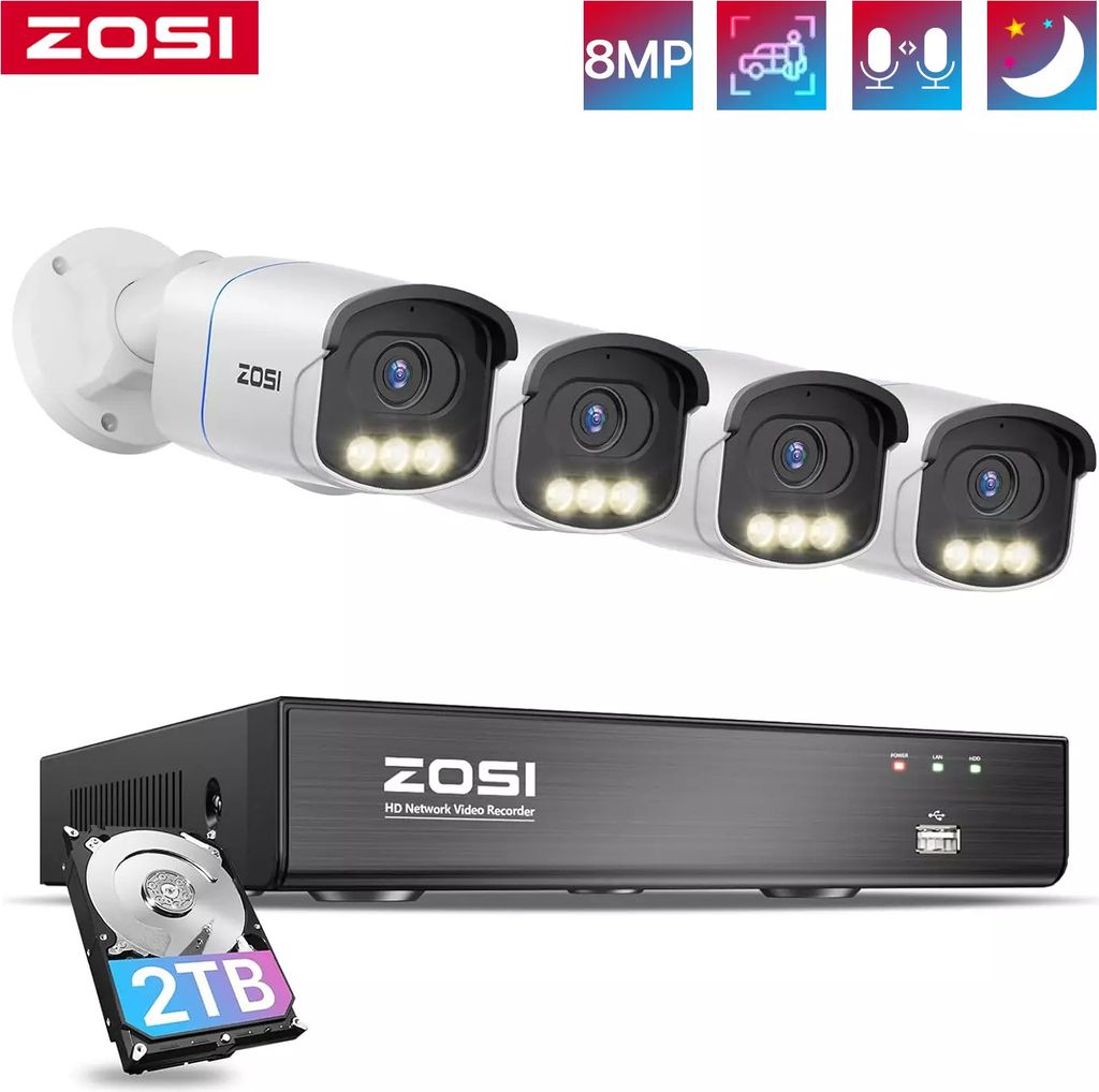 ZOSI 4K PoE Überwachungskamera Set mit 2TB HDD, 4X 8MP Aussen Kamera mit Echtfarben-Nachtsicht, F1,0-Blende, KI Personenerkennung, AuroraLux C186A