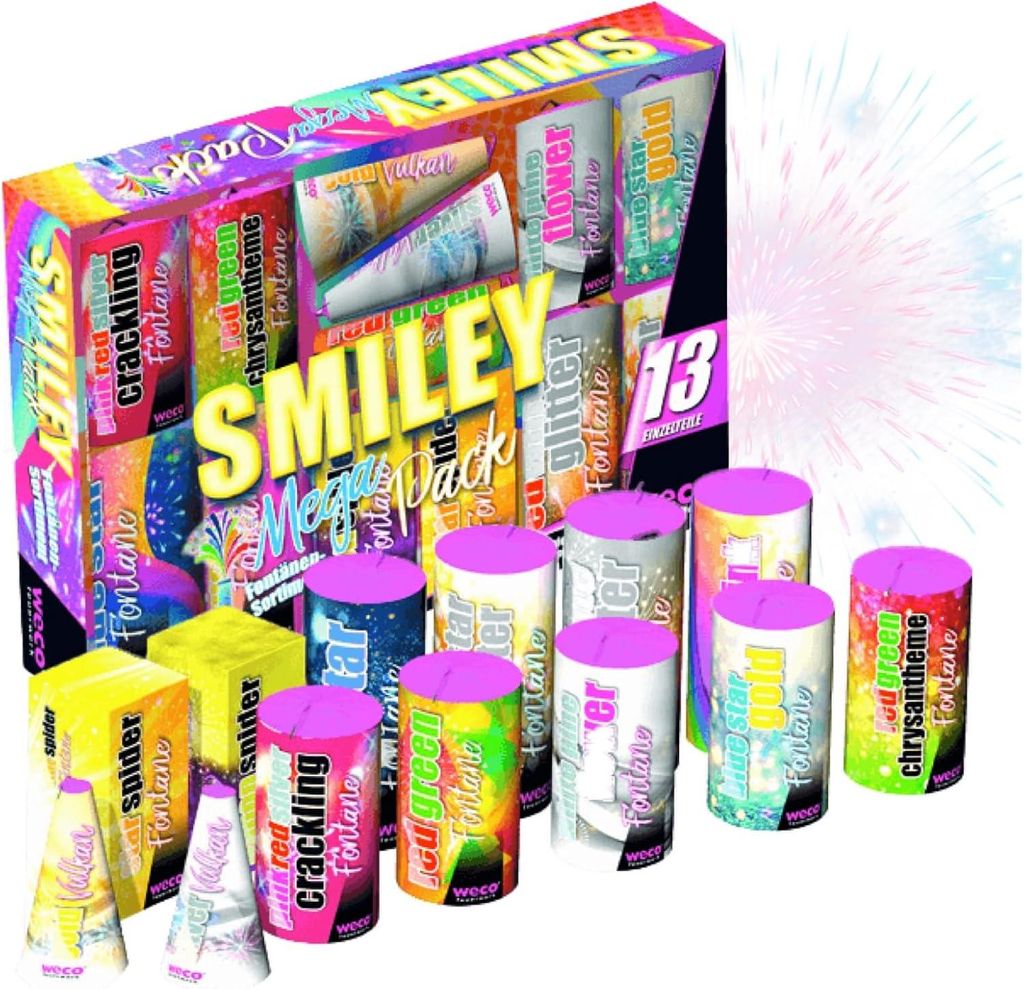 XXL Smiley Feuerwerk & Silvester Set 2026 – F1 Effektmix mit Wunderkerzen & Knallerbsen (Smiley)