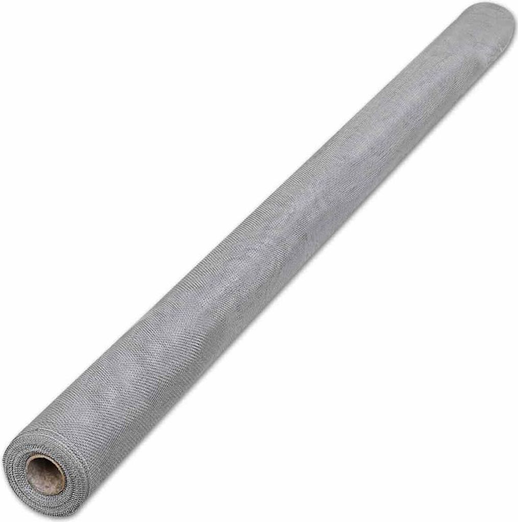 A roll of grey mesh material, likely window screen or similar, is shown diagonally against a white background.