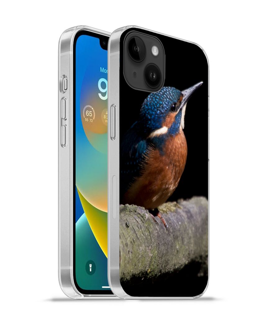 MuchoWow Handyhülle Schutzhülle Hülle für Apple iPhone 14 Plus - Soft case Eisvogel - Zweig - Federn - Schwarz Silikon Softcase Handy Hülle ...