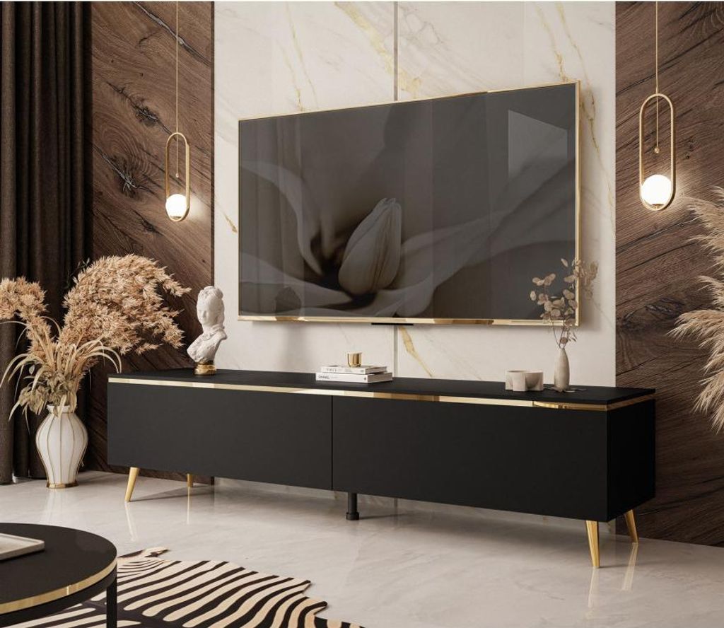 TV-Schrank AURORA II mit Beinen schwarz matt, Beine - Schräge Goldchrom