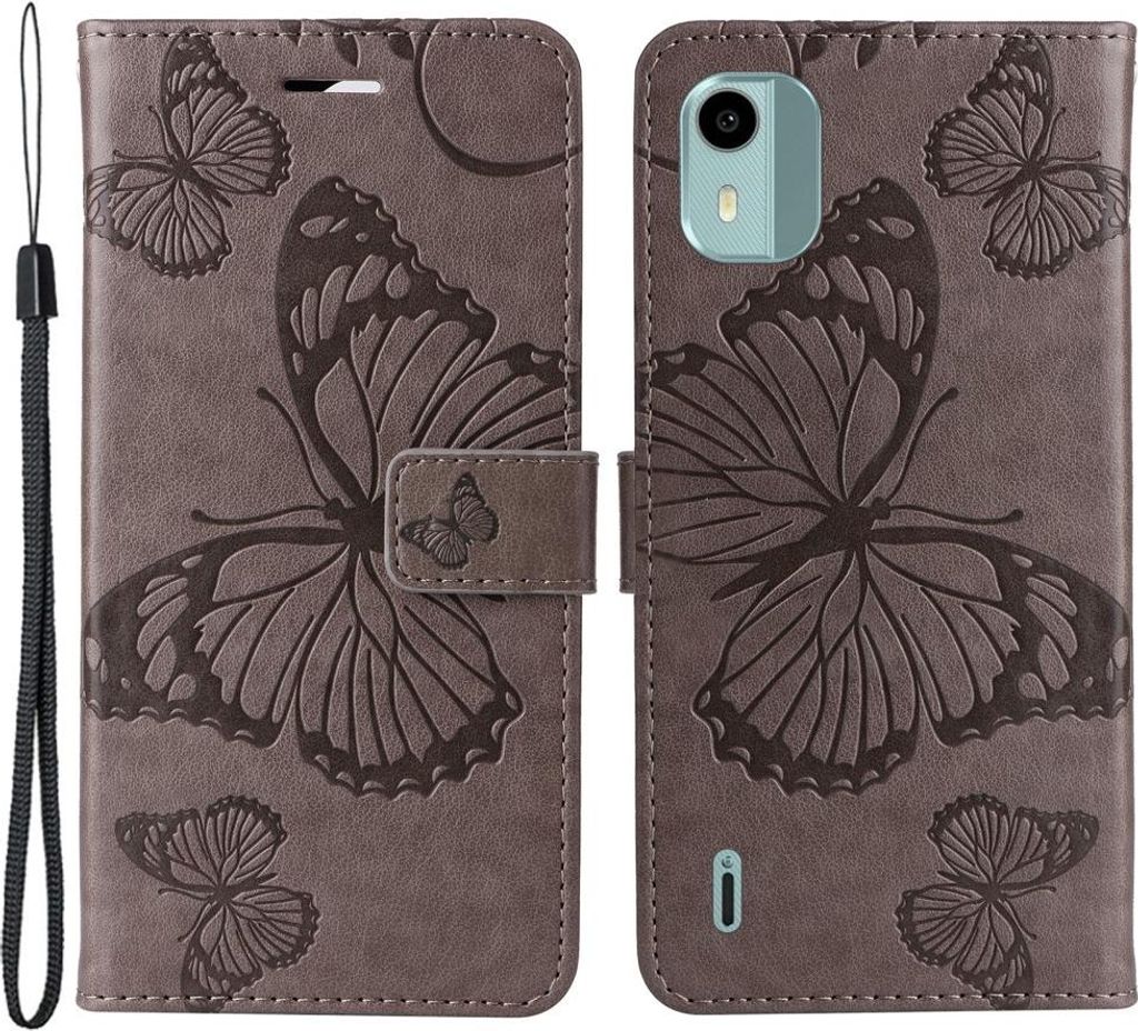 Nokia C12 Hülle - Coverup Schmetterlinge Klapphülle - Taupe Grau