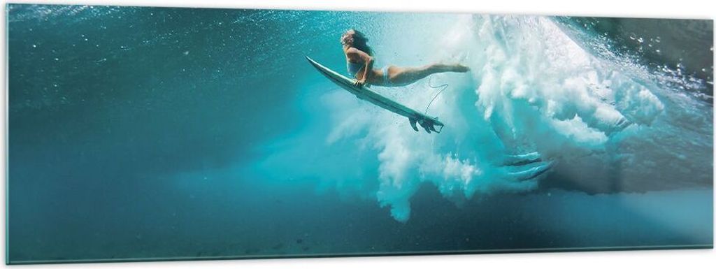 Bilder auf glas - Einteilig - Surfen Unterwasser Frau - 160x50cm - Glasbilder - Wandbilder - Bilder - zum Aufhängen bereit - Wanddekoration aus Gl...