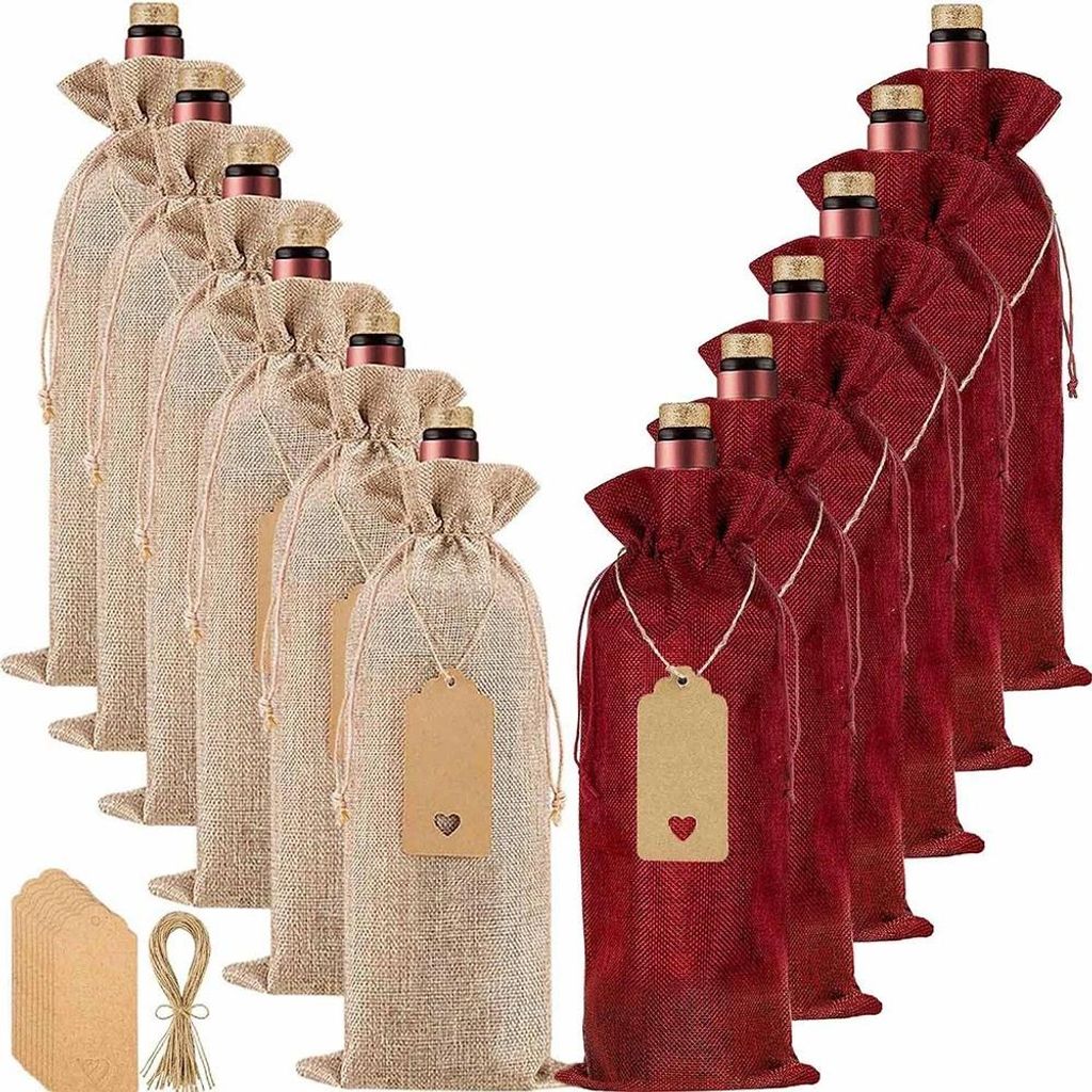 12 Stück hochwertige Jute Weinbeutel und 12 Stück Geschenkanhänger, Wiederverwendbare Sackleinen Wein-Geschenkbeutel, Weinflaschenbeutel, Weinbe...
