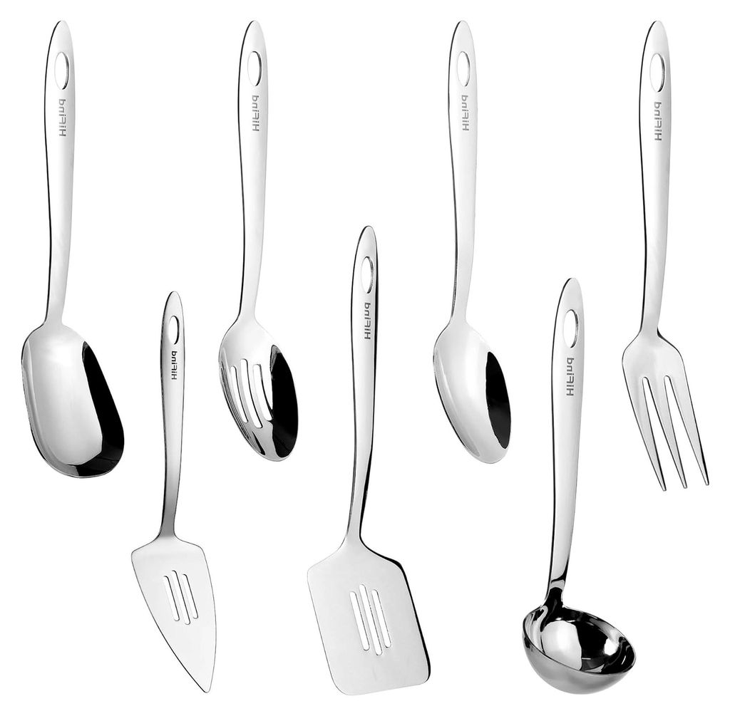 Servierbesteck-Set aus Edelstahl, 7 kleine Küchenutensilien, Schöpfkelle, Schlitzwender, Fleischgabel, Schlitze, Kuchenheber, stabiler Löffel, q...