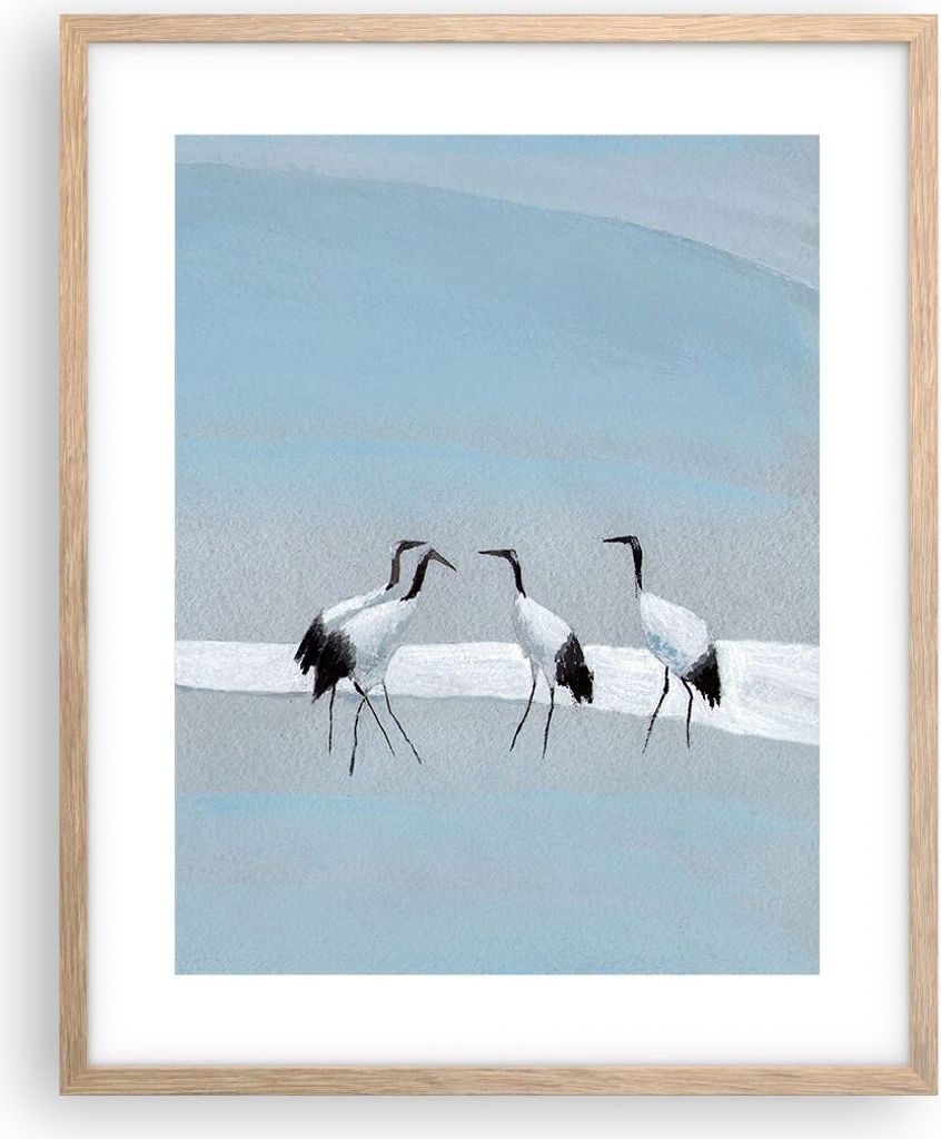Gerahmtes Poster - Rahmen in heller Eiche - Vögel Kraniche Natur - 40x50 cm - Wand Bild - Wanddeko - Wandbilder - Kunstposter - Wandposter - Bilde...