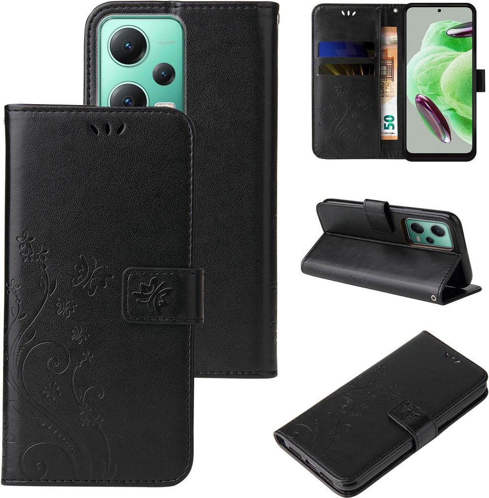 Handyhülle für Xiaomi Redmi Note 12 5G Floral Blumen Schmetterling Flip Cover Hülle Case Klapphülle Handytasche Farbe: Schwarz