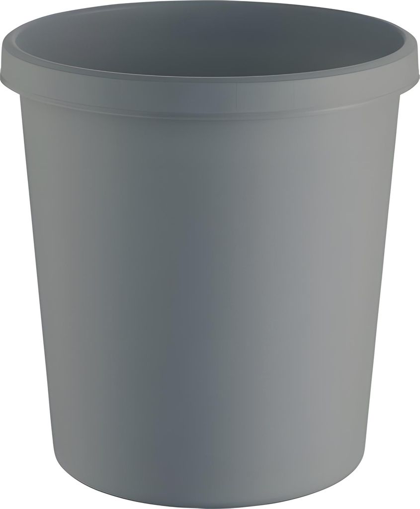 A plain, studio shot of a gray trash can against a white background.