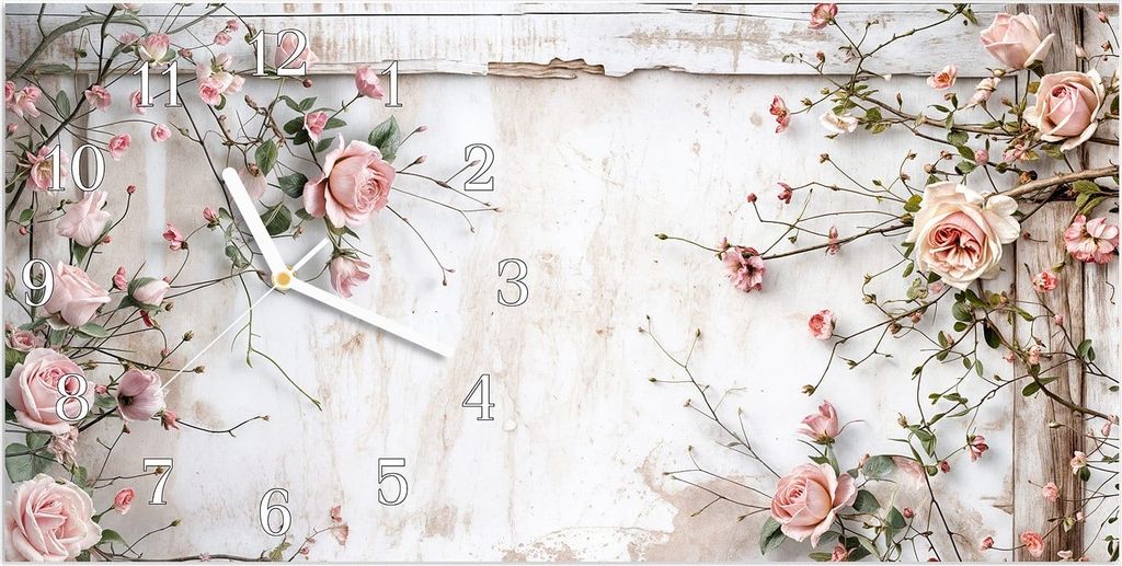 Wanduhr aus Glas mit Motiv Rosenblüten Eleganz- 60 x 30 cm - inkl. Aufhängesystem
