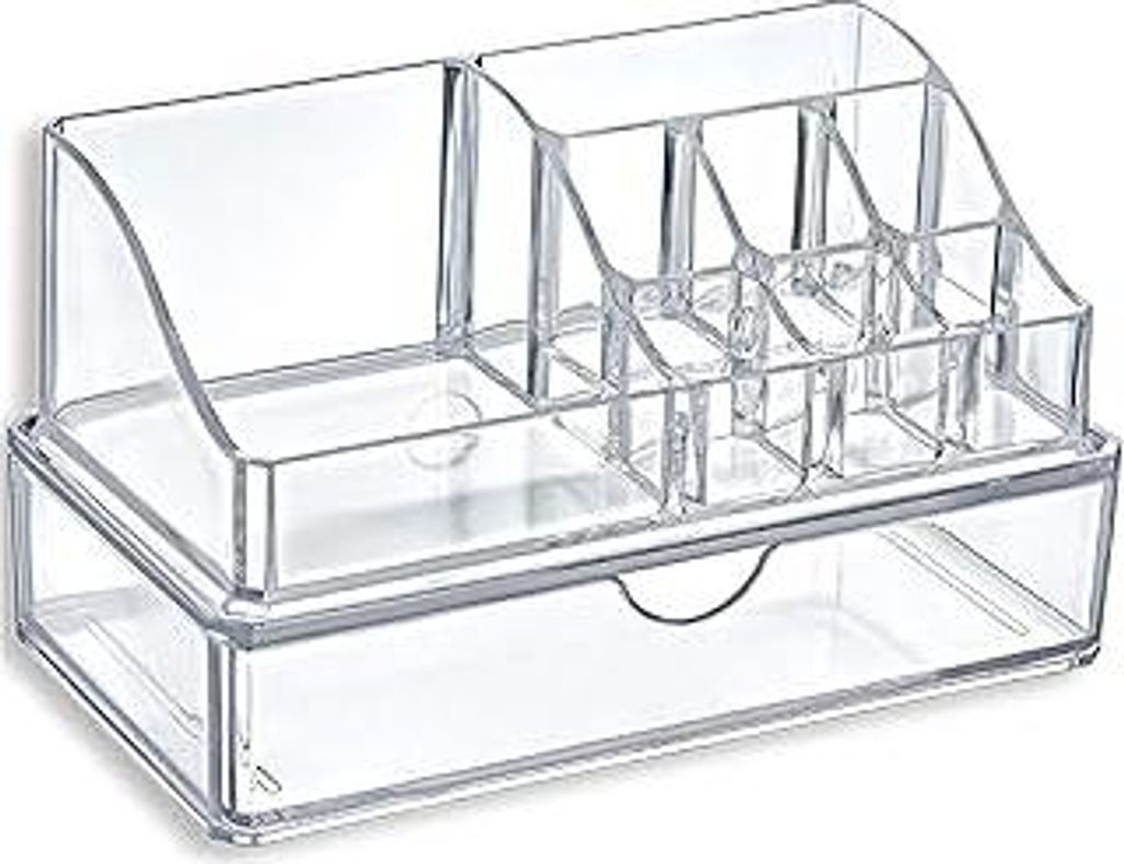 FURANY Kosmetik Organizer Glam 2er Set Glam mit Schublade, Transparent, 18 x 10 x 10 cm, 8 Fächer, Make-up Aufbewahrung mit Schublade (Glam + Schu...