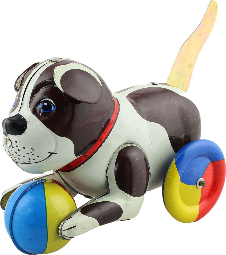 Blechspielzeug - Hund mit buntem Ball - Blechhund